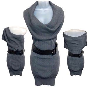 Y2K Grass Collection Cable Knit Mini Sweater Dress Gray Belted Medium Bodycon